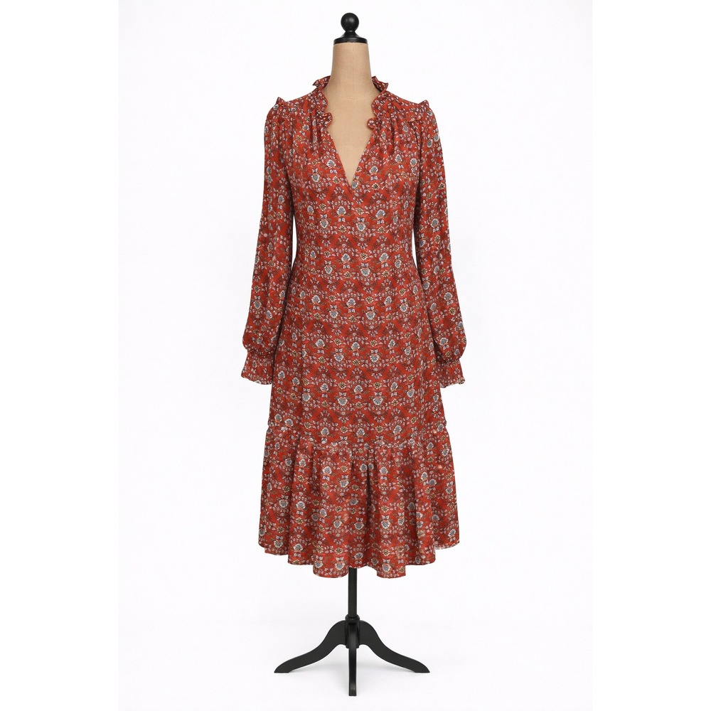 Max Studio Floral Paisley Tiered Dress Women S Rust Orange Boho Ruffle Praire